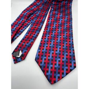 Fratelli Moda Mens Silk Tie Made in Italy Red Blue Black Geometric Basketweave